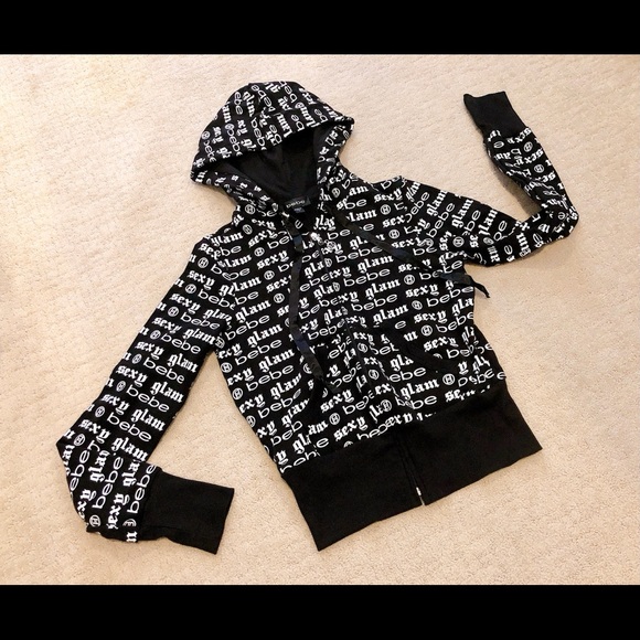 BEBE Black & White Classic Monogram Logo Hoodie Jacket size S - Picture 3 of 8